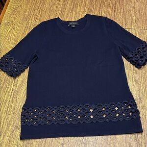 Talbots Dark Blue Short Sleeve Top with Intricate Lace